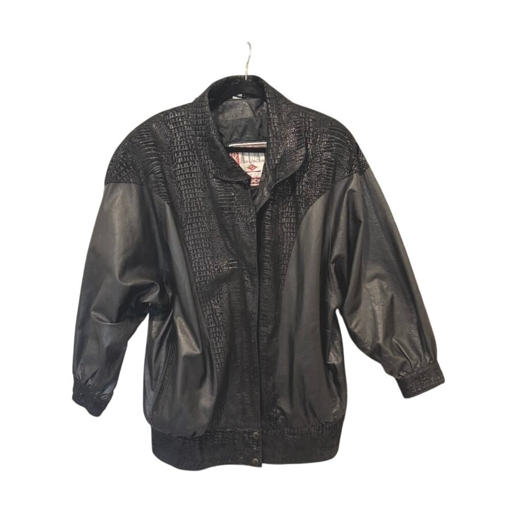 Vintage Leather Statement Jacket A.D.A. Black Moto Mock Croc Oversized M